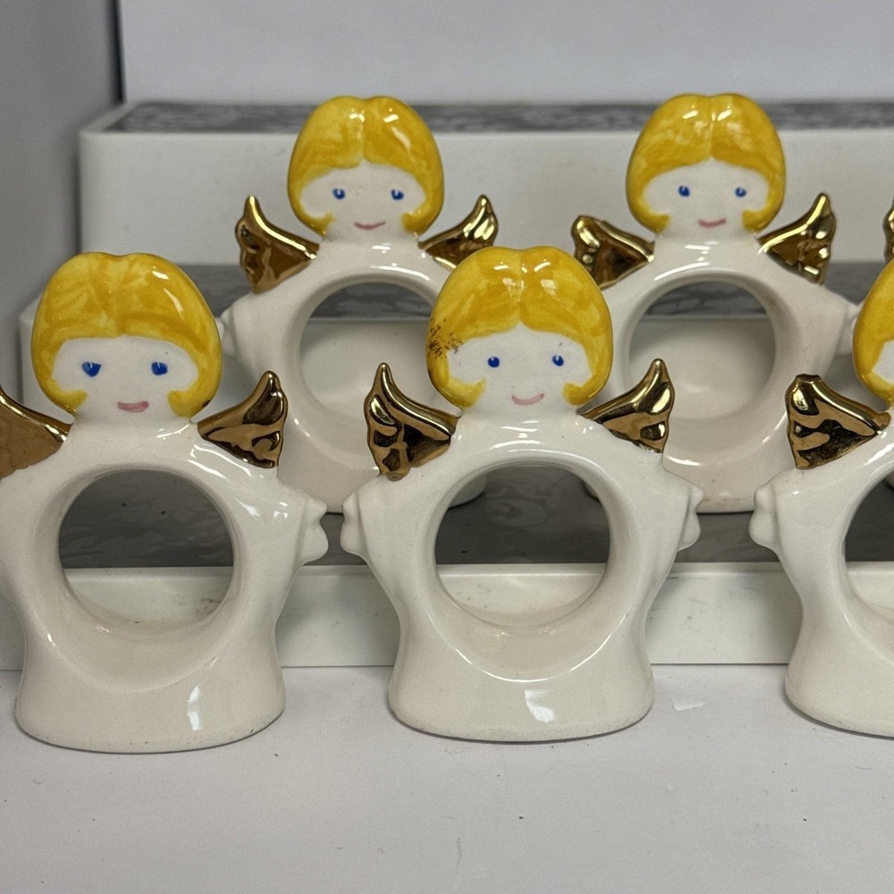 VTG Ceramic Set 8 Standing Angel Napkin Holders Rings White Christmas Dinner